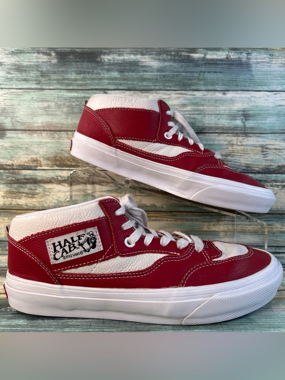 Vans Half Cab High Top Sneakers Mens Size 7 Red White Leather Skateboarding Shoe